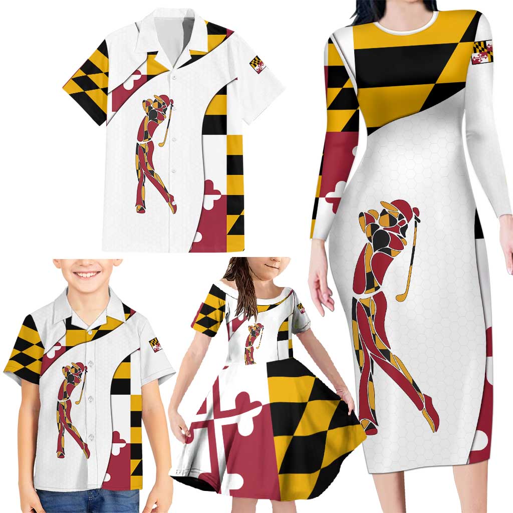 Golf Player Silhouette Family Matching Long Sleeve Bodycon Dress and Hawaiian Shirt Maryland Flag Pattern and Custom Name Panel Design - Wonder Print Shop