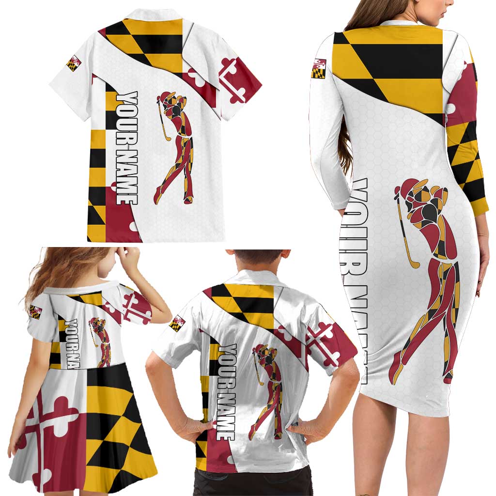 Golf Player Silhouette Family Matching Long Sleeve Bodycon Dress and Hawaiian Shirt Maryland Flag Pattern and Custom Name Panel Design - Wonder Print Shop