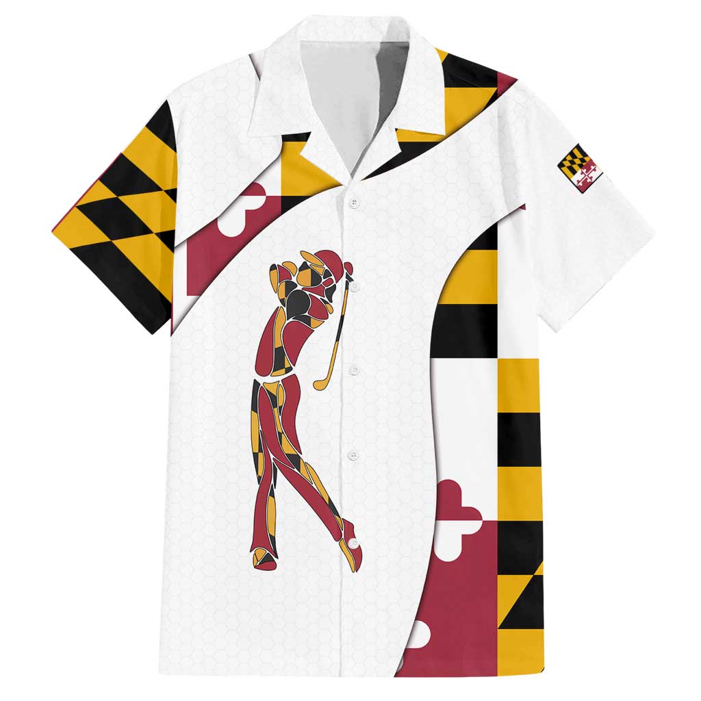Golf Player Silhouette Family Matching Long Sleeve Bodycon Dress and Hawaiian Shirt Maryland Flag Pattern and Custom Name Panel Design - Wonder Print Shop