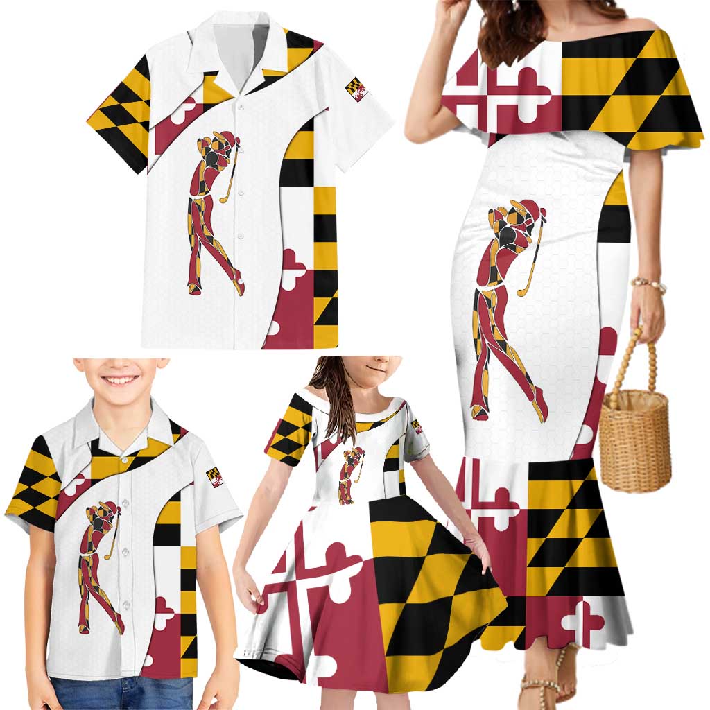 Golf Player Silhouette Family Matching Mermaid Dress and Hawaiian Shirt Maryland Flag Pattern and Custom Name Panel Design - Wonder Print Shop