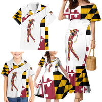 Golf Player Silhouette Family Matching Mermaid Dress and Hawaiian Shirt Maryland Flag Pattern and Custom Name Panel Design - Wonder Print Shop