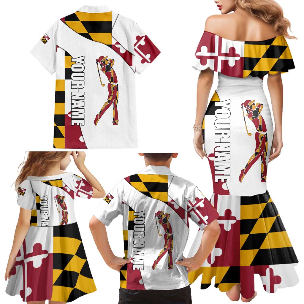 Golf Player Silhouette Family Matching Mermaid Dress and Hawaiian Shirt Maryland Flag Pattern and Custom Name Panel Design - Wonder Print Shop