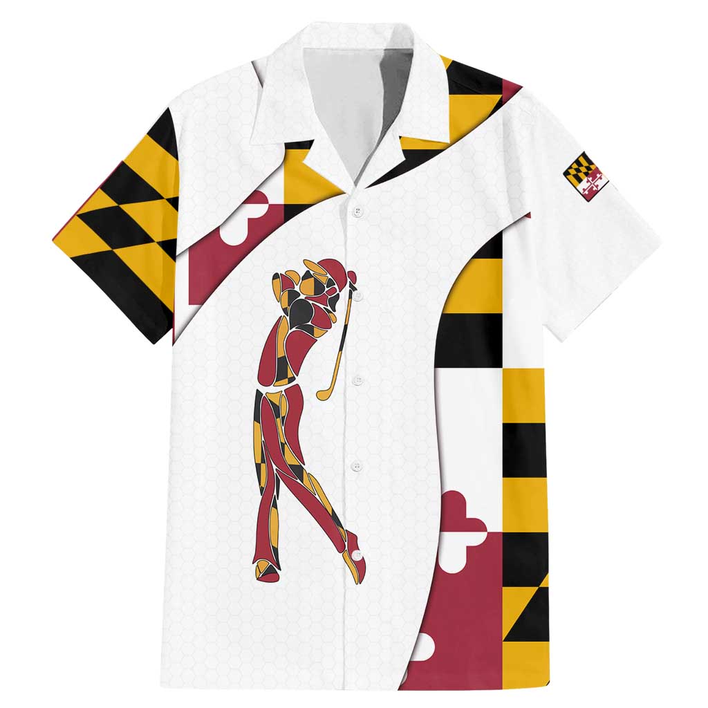 Golf Player Silhouette Family Matching Mermaid Dress and Hawaiian Shirt Maryland Flag Pattern and Custom Name Panel Design - Wonder Print Shop