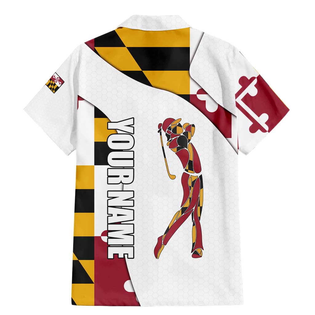 Golf Player Silhouette Family Matching Mermaid Dress and Hawaiian Shirt Maryland Flag Pattern and Custom Name Panel Design - Wonder Print Shop