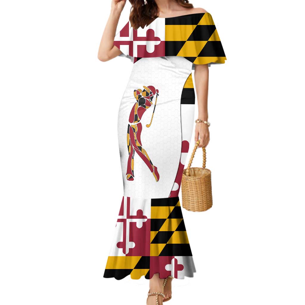 Golf Player Silhouette Family Matching Mermaid Dress and Hawaiian Shirt Maryland Flag Pattern and Custom Name Panel Design - Wonder Print Shop