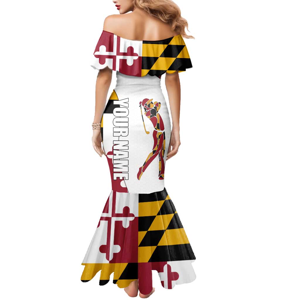 Golf Player Silhouette Family Matching Mermaid Dress and Hawaiian Shirt Maryland Flag Pattern and Custom Name Panel Design - Wonder Print Shop