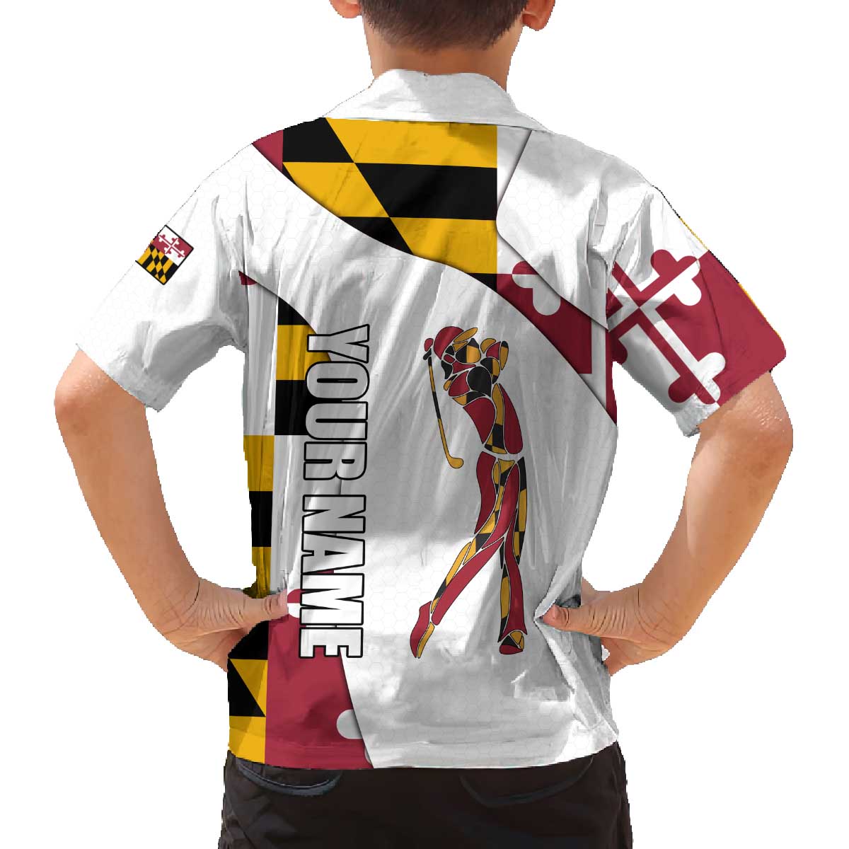 Golf Player Silhouette Family Matching Off The Shoulder Long Sleeve Dress and Hawaiian Shirt Maryland Flag Pattern and Custom Name Panel Design - Wonder Print Shop