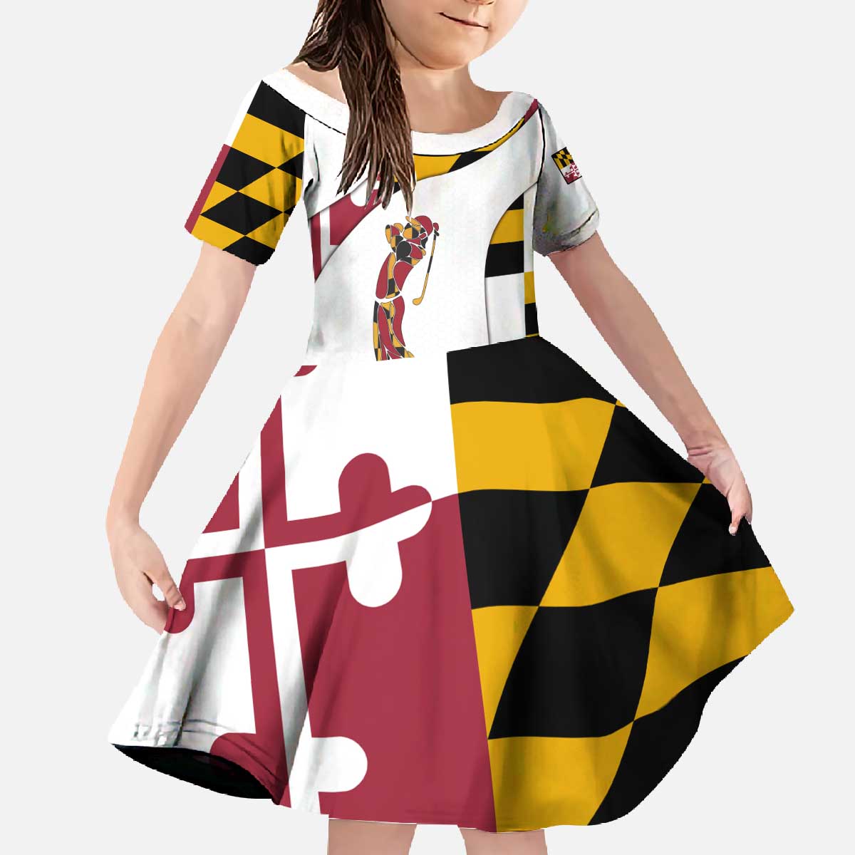 Golf Player Silhouette Family Matching Off The Shoulder Long Sleeve Dress and Hawaiian Shirt Maryland Flag Pattern and Custom Name Panel Design - Wonder Print Shop