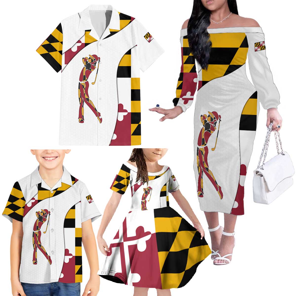Golf Player Silhouette Family Matching Off The Shoulder Long Sleeve Dress and Hawaiian Shirt Maryland Flag Pattern and Custom Name Panel Design - Wonder Print Shop