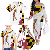 Golf Player Silhouette Family Matching Off The Shoulder Long Sleeve Dress and Hawaiian Shirt Maryland Flag Pattern and Custom Name Panel Design - Wonder Print Shop
