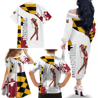 Golf Player Silhouette Family Matching Off The Shoulder Long Sleeve Dress and Hawaiian Shirt Maryland Flag Pattern and Custom Name Panel Design - Wonder Print Shop