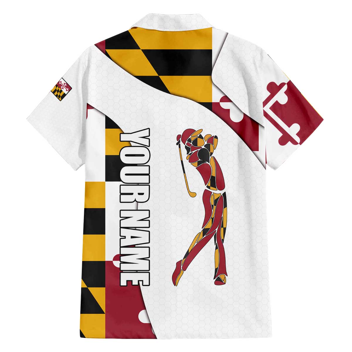 Golf Player Silhouette Family Matching Off The Shoulder Long Sleeve Dress and Hawaiian Shirt Maryland Flag Pattern and Custom Name Panel Design - Wonder Print Shop