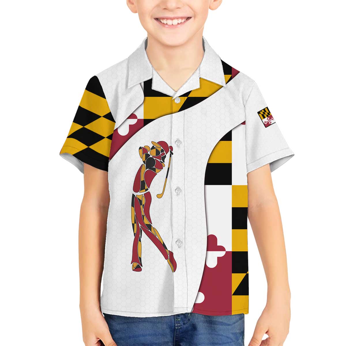 Golf Player Silhouette Family Matching Off The Shoulder Long Sleeve Dress and Hawaiian Shirt Maryland Flag Pattern and Custom Name Panel Design - Wonder Print Shop