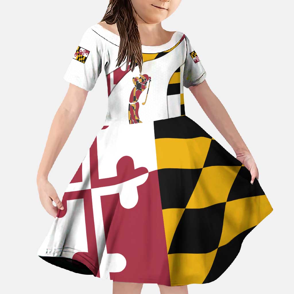 Golf Player Silhouette Family Matching Off Shoulder Maxi Dress and Hawaiian Shirt Maryland Flag Pattern and Custom Name Panel Design - Wonder Print Shop