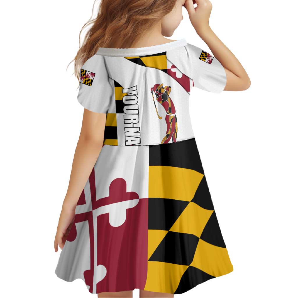 Golf Player Silhouette Family Matching Off Shoulder Maxi Dress and Hawaiian Shirt Maryland Flag Pattern and Custom Name Panel Design - Wonder Print Shop