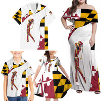 Golf Player Silhouette Family Matching Off Shoulder Maxi Dress and Hawaiian Shirt Maryland Flag Pattern and Custom Name Panel Design - Wonder Print Shop