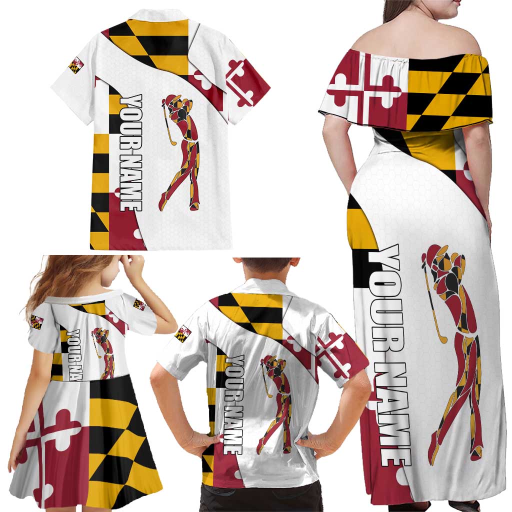 Golf Player Silhouette Family Matching Off Shoulder Maxi Dress and Hawaiian Shirt Maryland Flag Pattern and Custom Name Panel Design - Wonder Print Shop