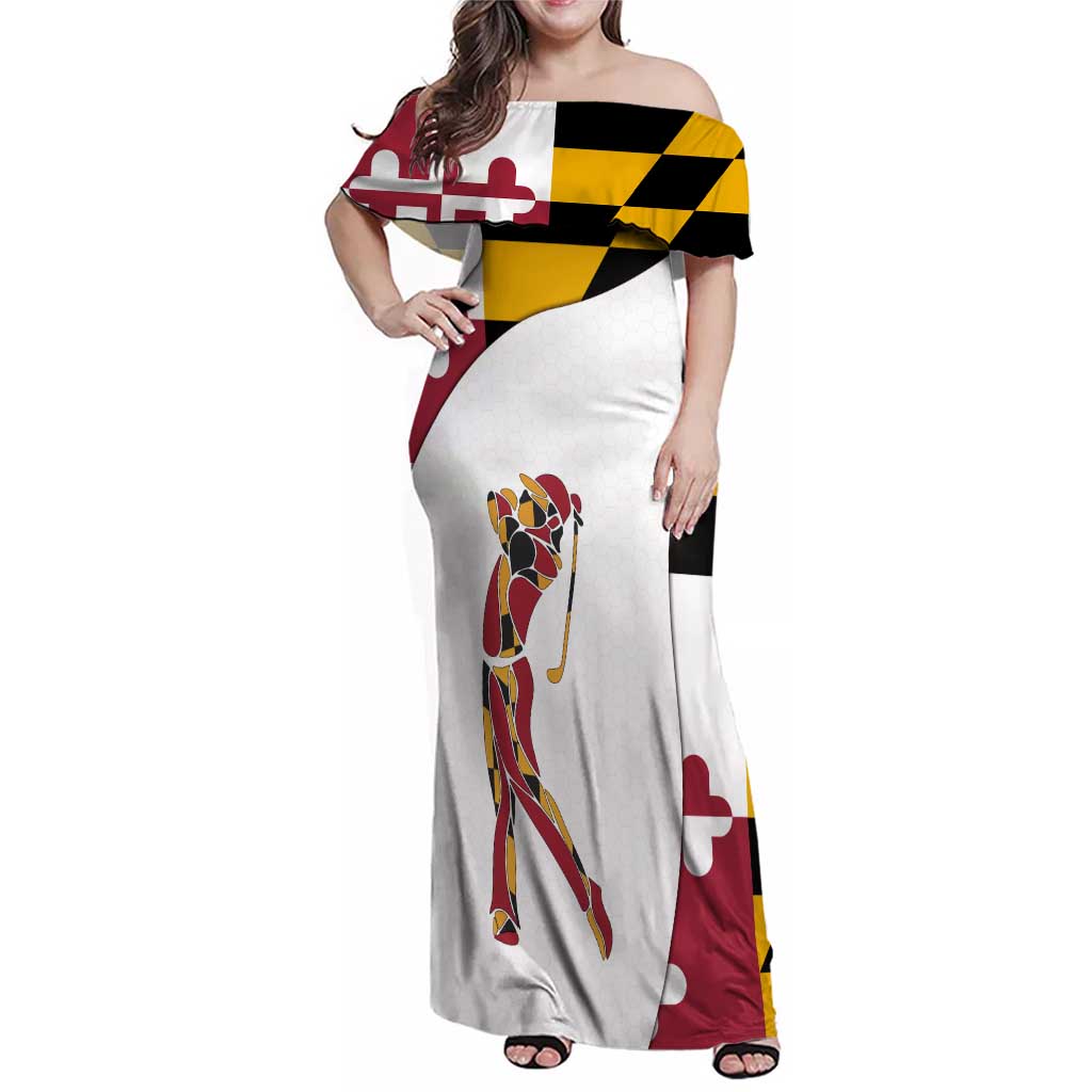 Golf Player Silhouette Family Matching Off Shoulder Maxi Dress and Hawaiian Shirt Maryland Flag Pattern and Custom Name Panel Design - Wonder Print Shop