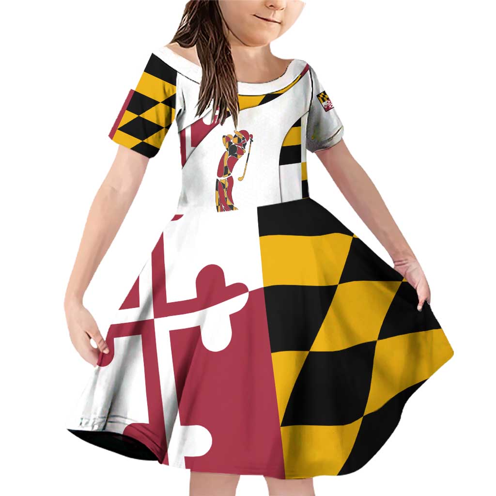 Golf Player Silhouette Family Matching Off Shoulder Short Dress and Hawaiian Shirt Maryland Flag Pattern and Custom Name Panel Design - Wonder Print Shop