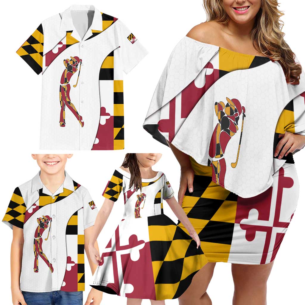 Golf Player Silhouette Family Matching Off Shoulder Short Dress and Hawaiian Shirt Maryland Flag Pattern and Custom Name Panel Design - Wonder Print Shop