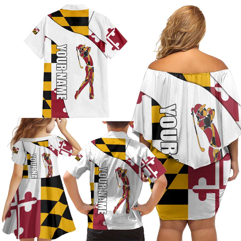Golf Player Silhouette Family Matching Off Shoulder Short Dress and Hawaiian Shirt Maryland Flag Pattern and Custom Name Panel Design - Wonder Print Shop