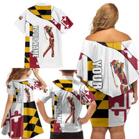 Golf Player Silhouette Family Matching Off Shoulder Short Dress and Hawaiian Shirt Maryland Flag Pattern and Custom Name Panel Design - Wonder Print Shop
