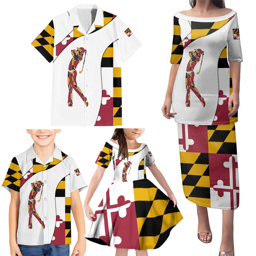 Golf Player Silhouette Family Matching Puletasi and Hawaiian Shirt Maryland Flag Pattern and Custom Name Panel Design - Wonder Print Shop