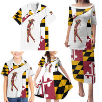 Golf Player Silhouette Family Matching Puletasi and Hawaiian Shirt Maryland Flag Pattern and Custom Name Panel Design - Wonder Print Shop