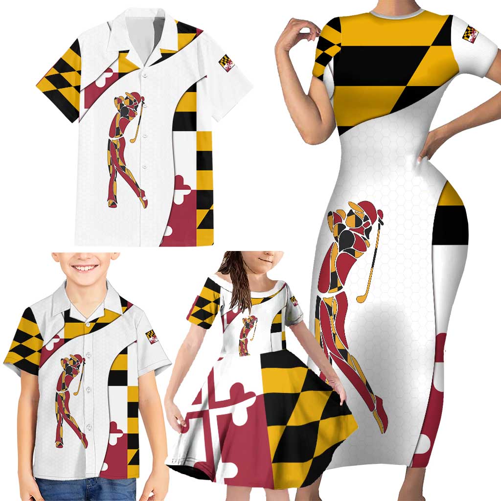 Golf Player Silhouette Family Matching Short Sleeve Bodycon Dress and Hawaiian Shirt Maryland Flag Pattern and Custom Name Panel Design - Wonder Print Shop