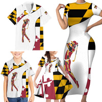 Golf Player Silhouette Family Matching Short Sleeve Bodycon Dress and Hawaiian Shirt Maryland Flag Pattern and Custom Name Panel Design - Wonder Print Shop