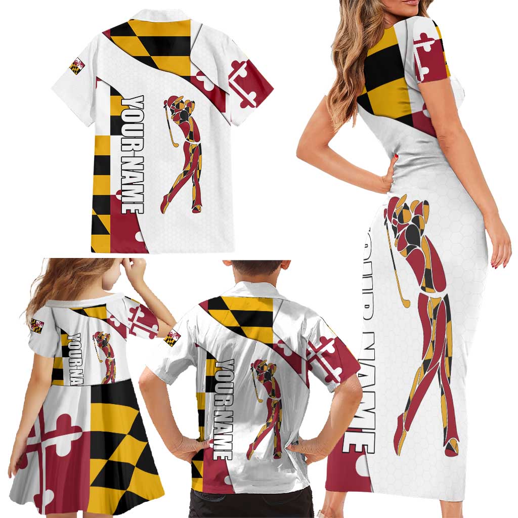 Golf Player Silhouette Family Matching Short Sleeve Bodycon Dress and Hawaiian Shirt Maryland Flag Pattern and Custom Name Panel Design - Wonder Print Shop