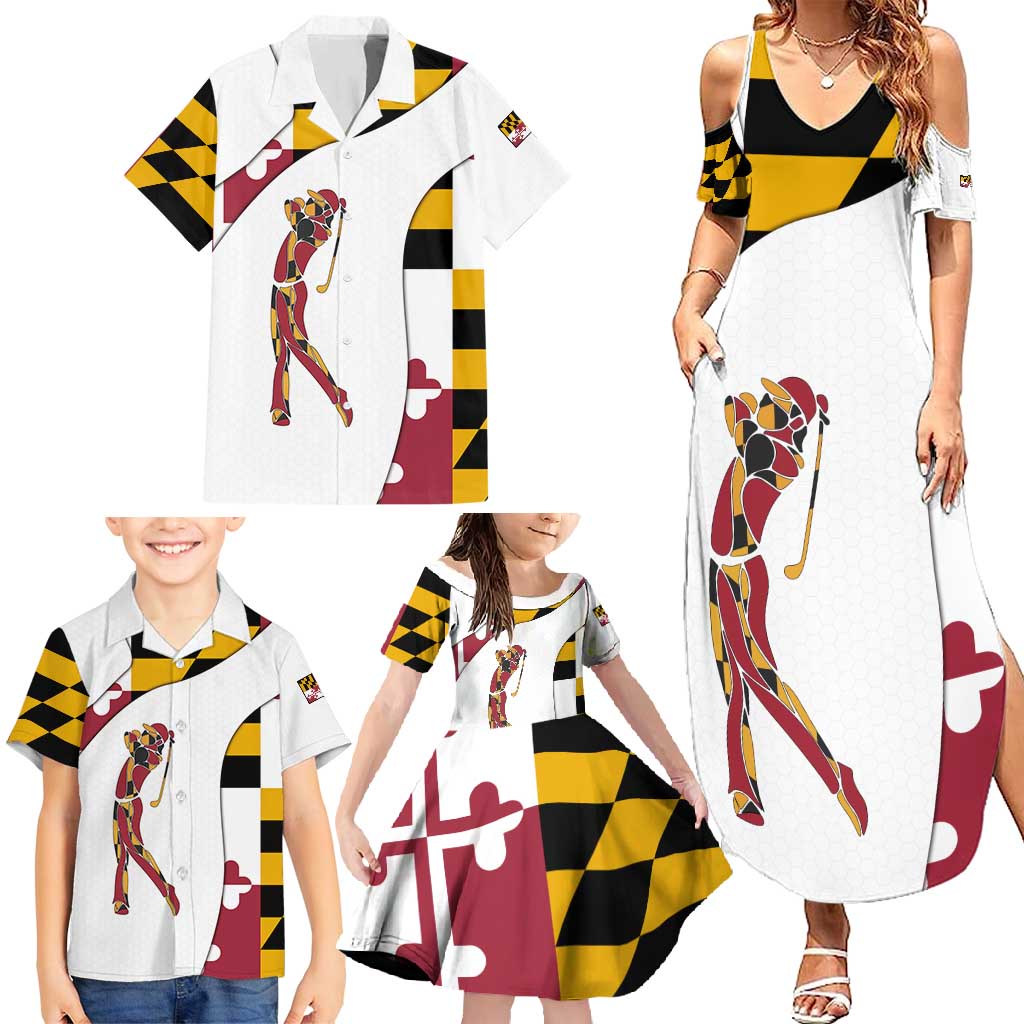 Golf Player Silhouette Family Matching Summer Maxi Dress and Hawaiian Shirt Maryland Flag Pattern and Custom Name Panel Design - Wonder Print Shop