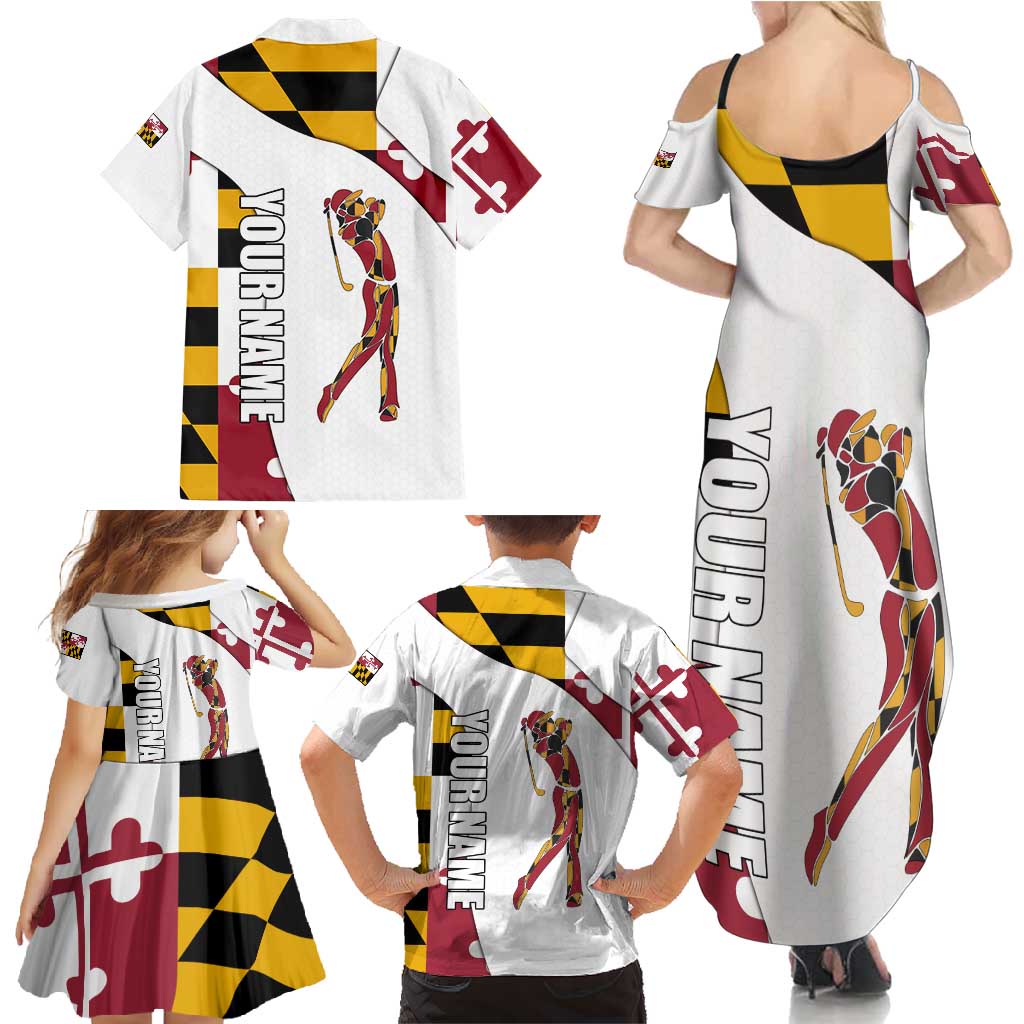 Golf Player Silhouette Family Matching Summer Maxi Dress and Hawaiian Shirt Maryland Flag Pattern and Custom Name Panel Design - Wonder Print Shop