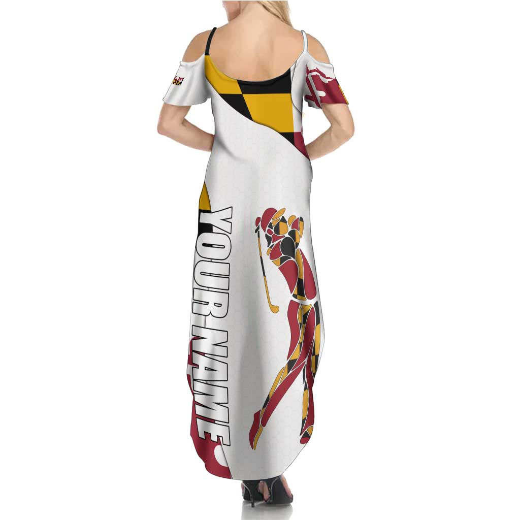 Golf Player Silhouette Family Matching Summer Maxi Dress and Hawaiian Shirt Maryland Flag Pattern and Custom Name Panel Design - Wonder Print Shop