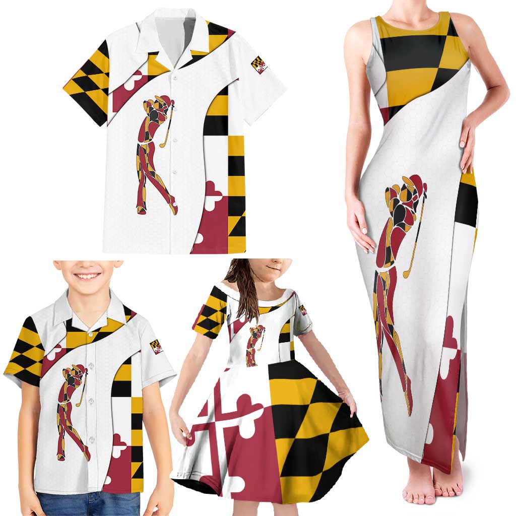 Golf Player Silhouette Family Matching Tank Maxi Dress and Hawaiian Shirt Maryland Flag Pattern and Custom Name Panel Design - Wonder Print Shop