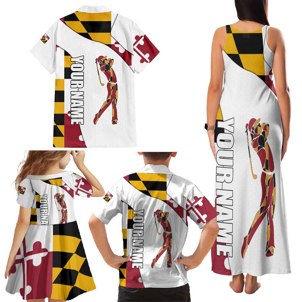Golf Player Silhouette Family Matching Tank Maxi Dress and Hawaiian Shirt Maryland Flag Pattern and Custom Name Panel Design - Wonder Print Shop