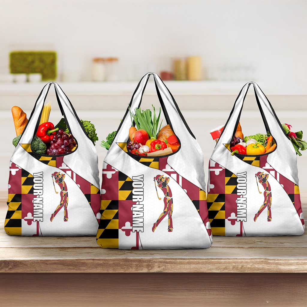 Golf Player Silhouette Grocery Bag Maryland Flag Pattern and Custom Name Panel Design - Wonder Print Shop