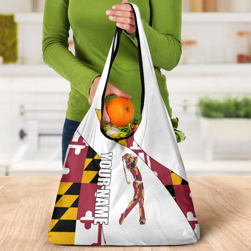 Golf Player Silhouette Grocery Bag Maryland Flag Pattern and Custom Name Panel Design - Wonder Print Shop