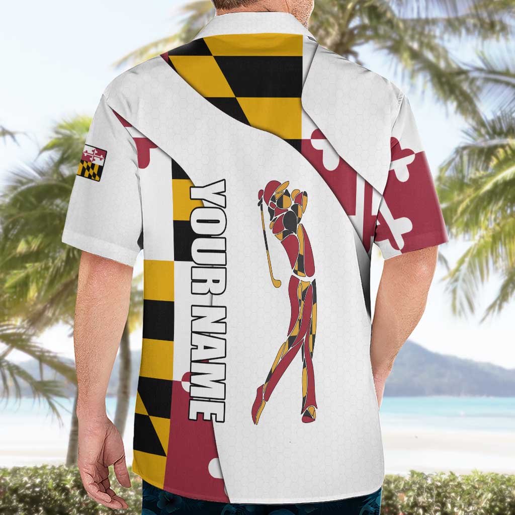 Golf Player Silhouette Hawaiian Shirt Maryland Flag Pattern and Custom Name Panel Design - Wonder Print Shop