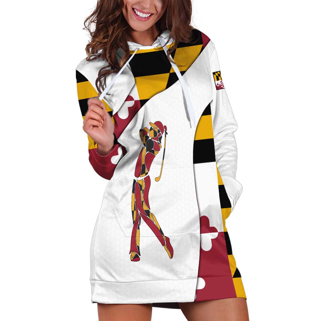 Golf Player Silhouette Hoodie Dress Maryland Flag Pattern and Custom Name Panel Design - Wonder Print Shop