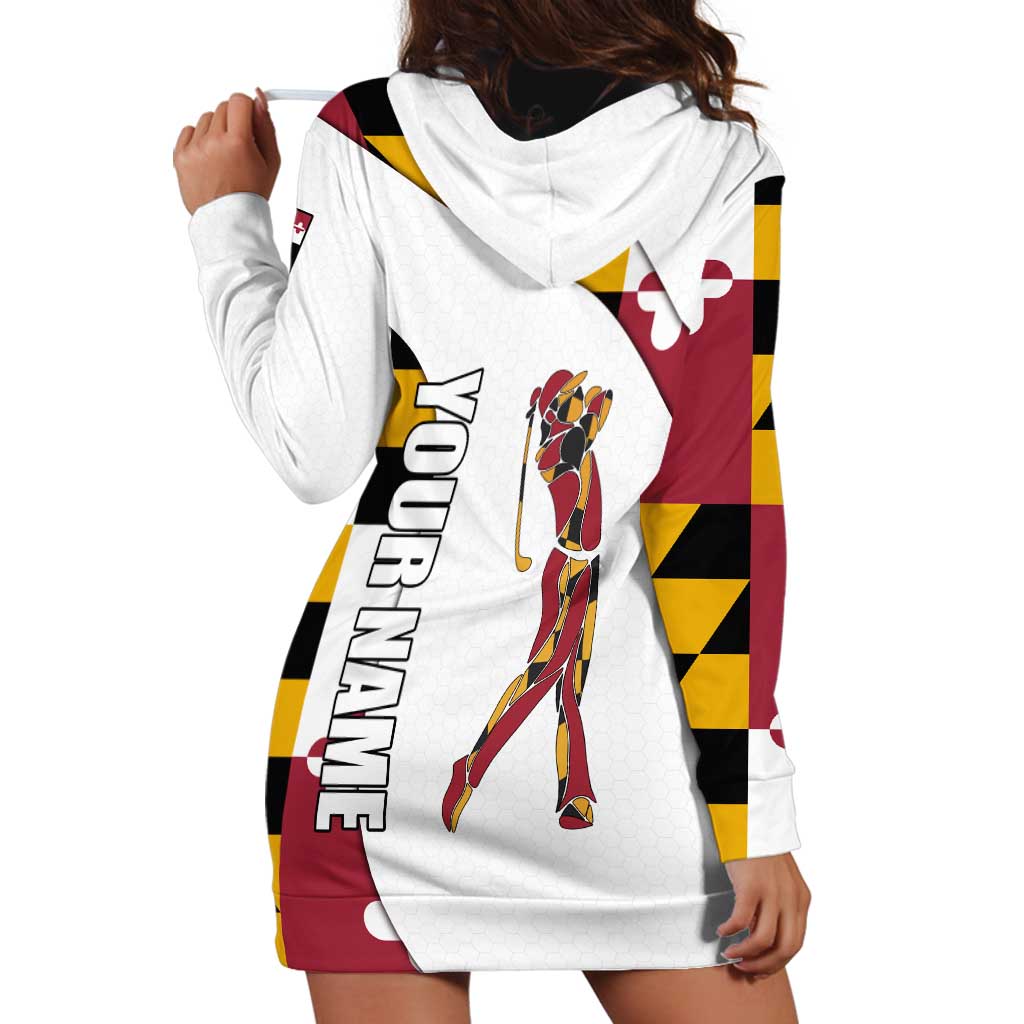 Golf Player Silhouette Hoodie Dress Maryland Flag Pattern and Custom Name Panel Design - Wonder Print Shop