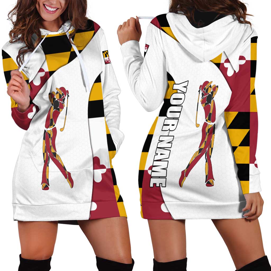 Golf Player Silhouette Hoodie Dress Maryland Flag Pattern and Custom Name Panel Design - Wonder Print Shop