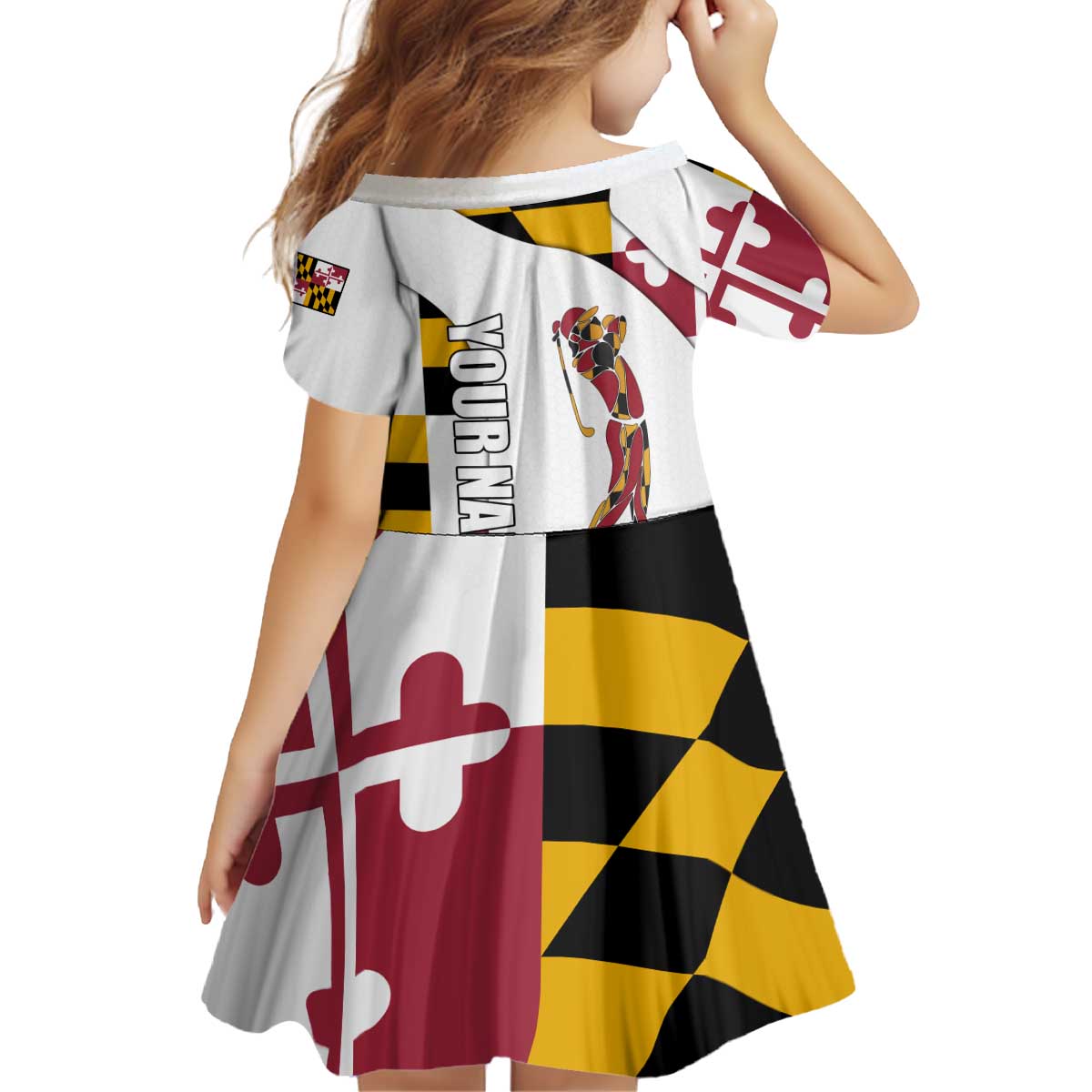 Golf Player Silhouette Kid Short Sleeve Dress Maryland Flag Pattern and Custom Name Panel Design - Wonder Print Shop