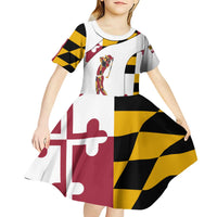 Golf Player Silhouette Kid Short Sleeve Dress Maryland Flag Pattern and Custom Name Panel Design - Wonder Print Shop
