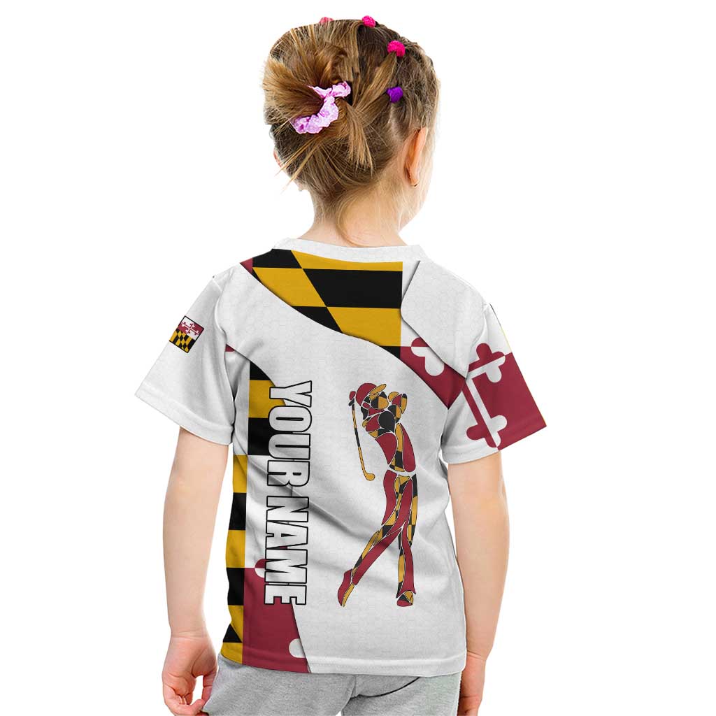 Golf Player Silhouette Kid T Shirt Maryland Flag Pattern and Custom Name Panel Design - Wonder Print Shop