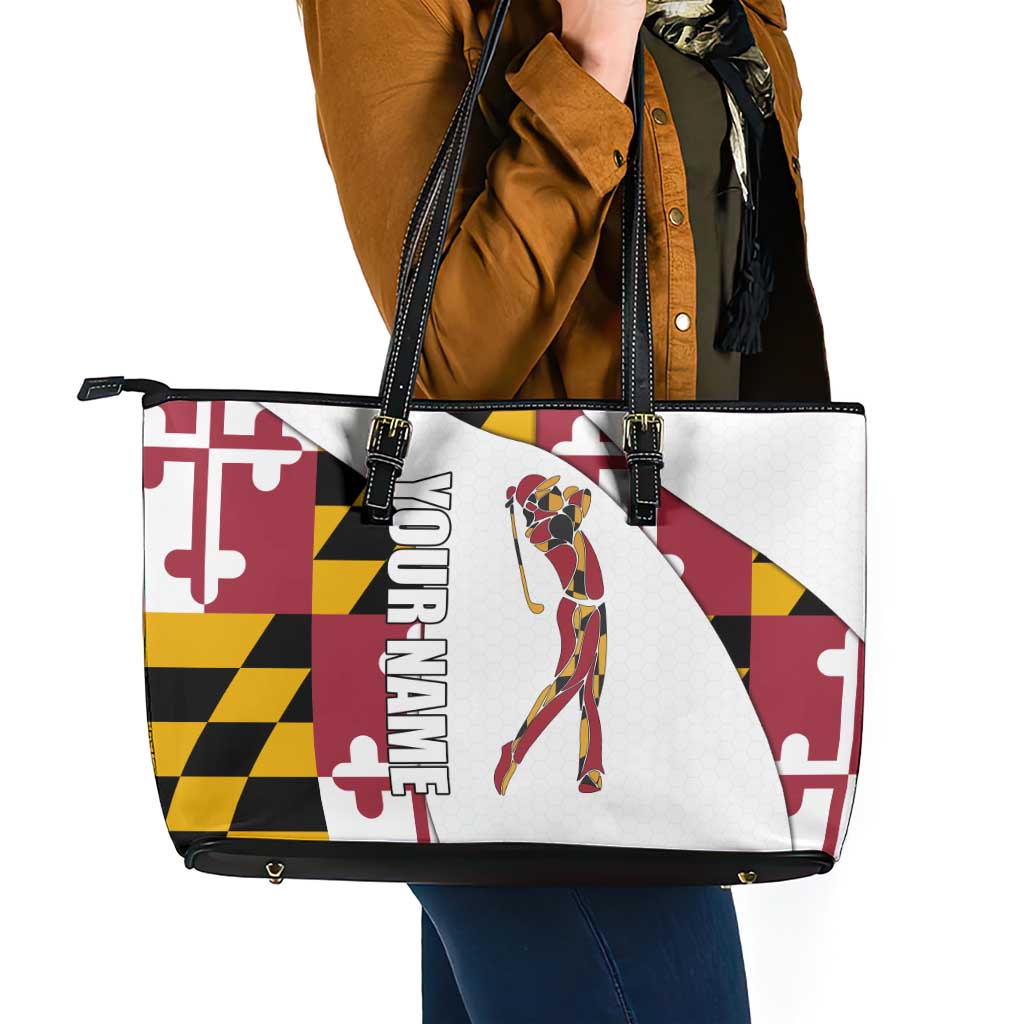 Golf Player Silhouette Leather Tote Bag Maryland Flag Pattern and Custom Name Panel Design - Wonder Print Shop