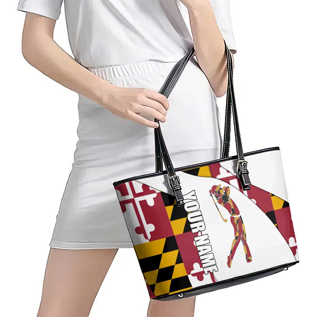 Golf Player Silhouette Leather Tote Bag Maryland Flag Pattern and Custom Name Panel Design - Wonder Print Shop