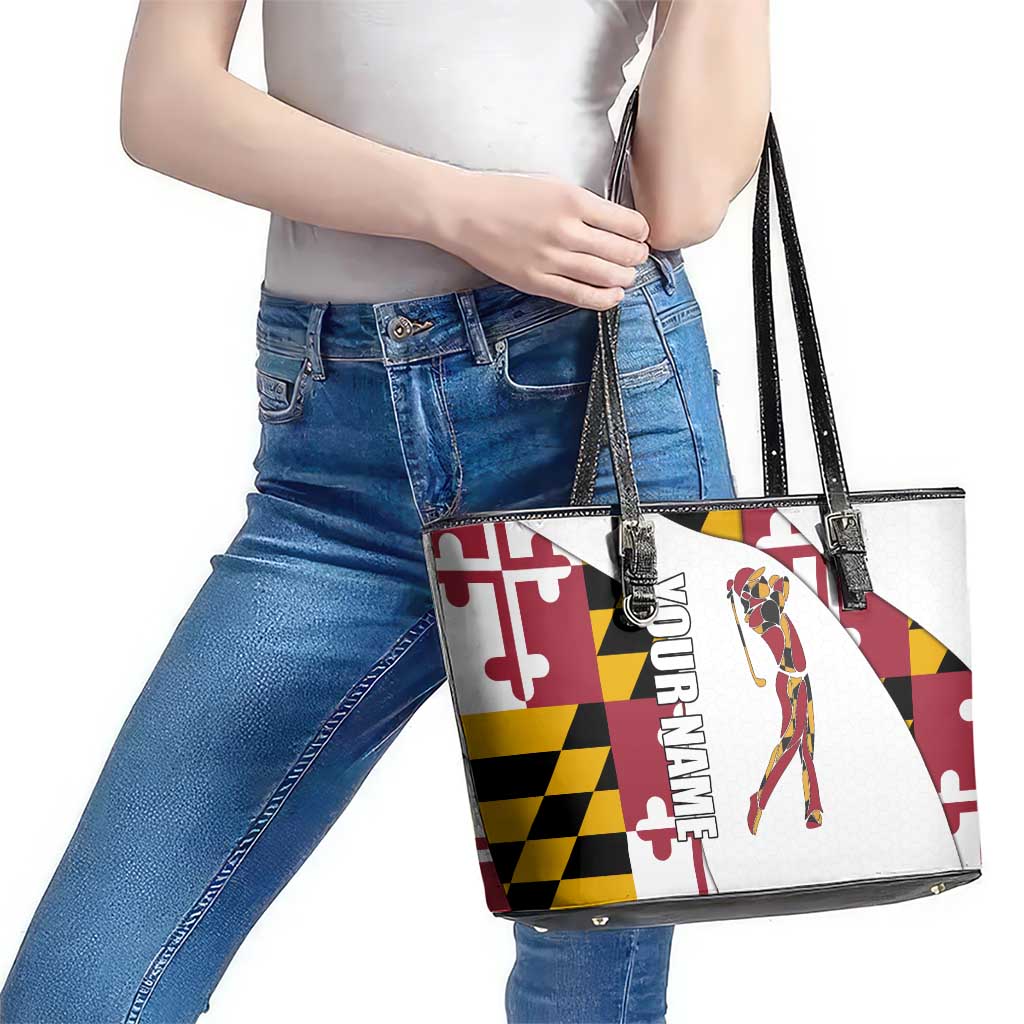 Golf Player Silhouette Leather Tote Bag Maryland Flag Pattern and Custom Name Panel Design - Wonder Print Shop