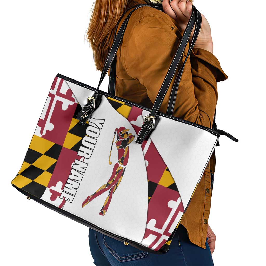 Golf Player Silhouette Leather Tote Bag Maryland Flag Pattern and Custom Name Panel Design - Wonder Print Shop