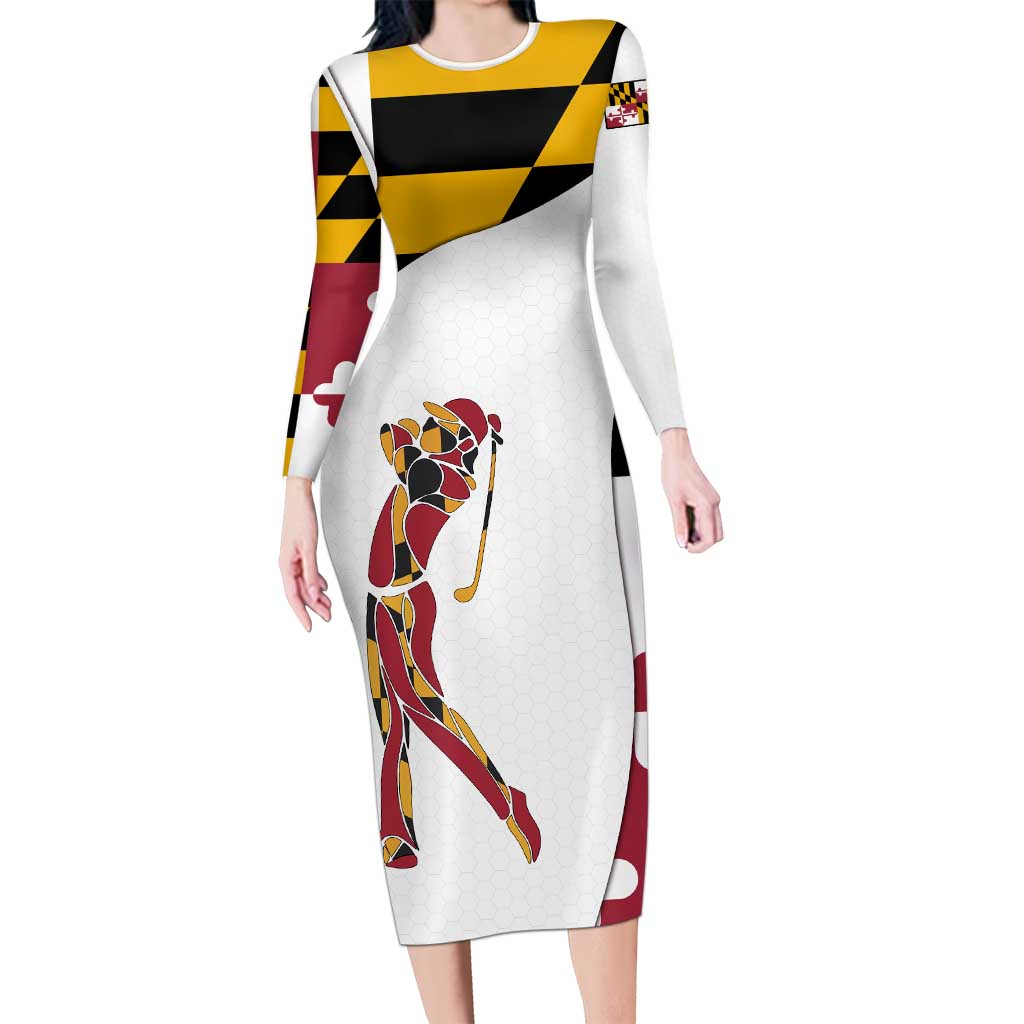 Golf Player Silhouette Long Sleeve Bodycon Dress Maryland Flag Pattern and Custom Name Panel Design - Wonder Print Shop